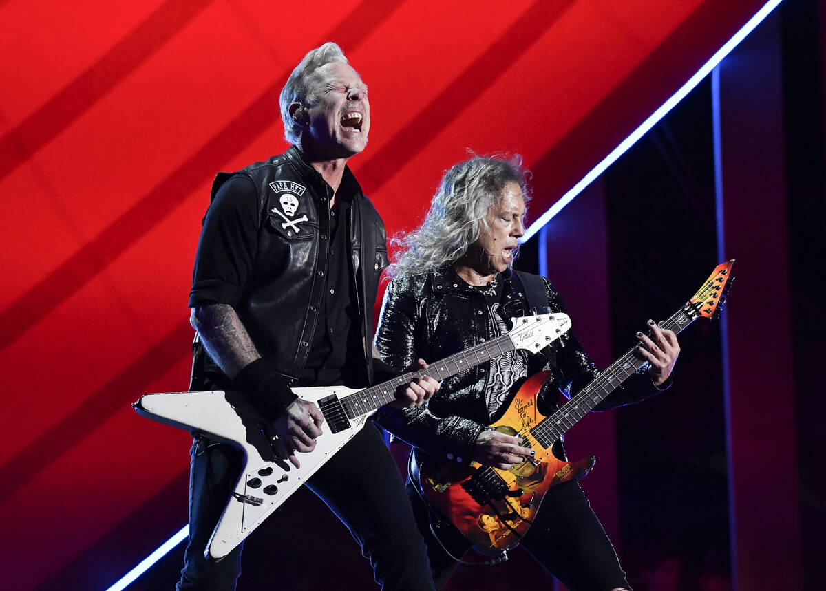 James Hetfield, left, and Kirk Hammett of Metallica perform during the Global Citizen Festival ...