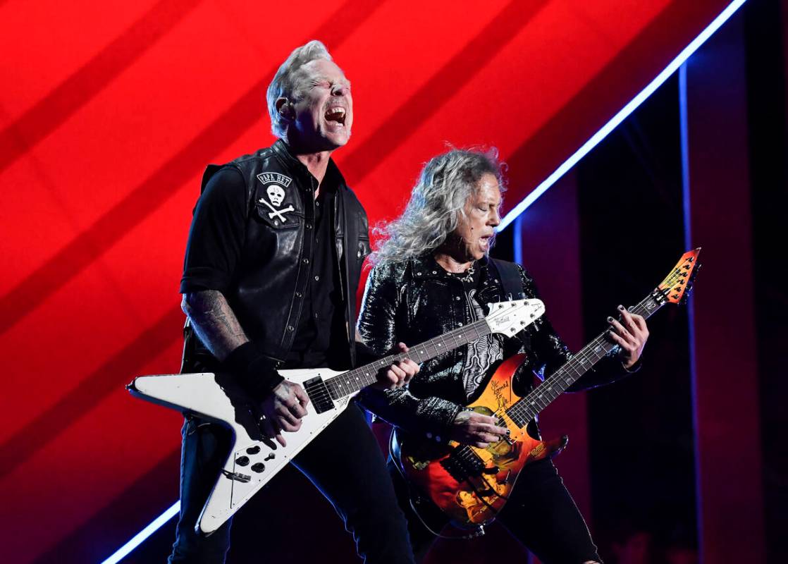 James Hetfield, left, and Kirk Hammett of Metallica perform during the Global Citizen Festival ...