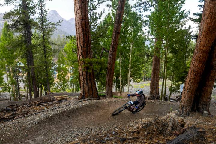 Woman's open rider Renee Shimada navigates a banked turn during the Viva La Gravity four-p ...