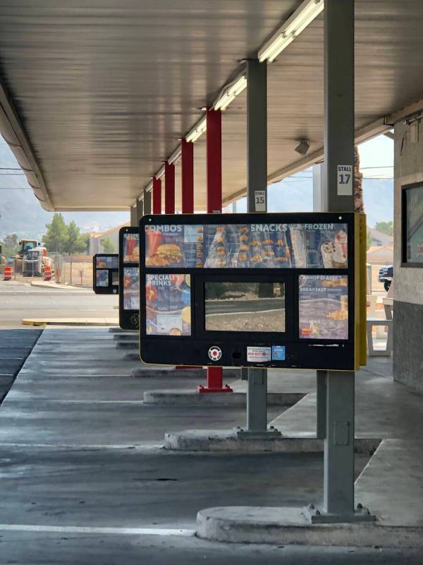Empty car stalls are seen on Aug. 8, 2025, at the Sonic Drive-In on North Nellis Boulevard in e ...