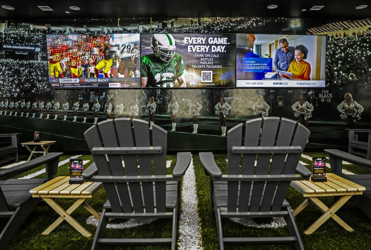Vegas Raiders watch room at Pkwy Tavern on Tuesday, Aug. 19, 2025, in Las Vegas. (Benjamin Hage ...