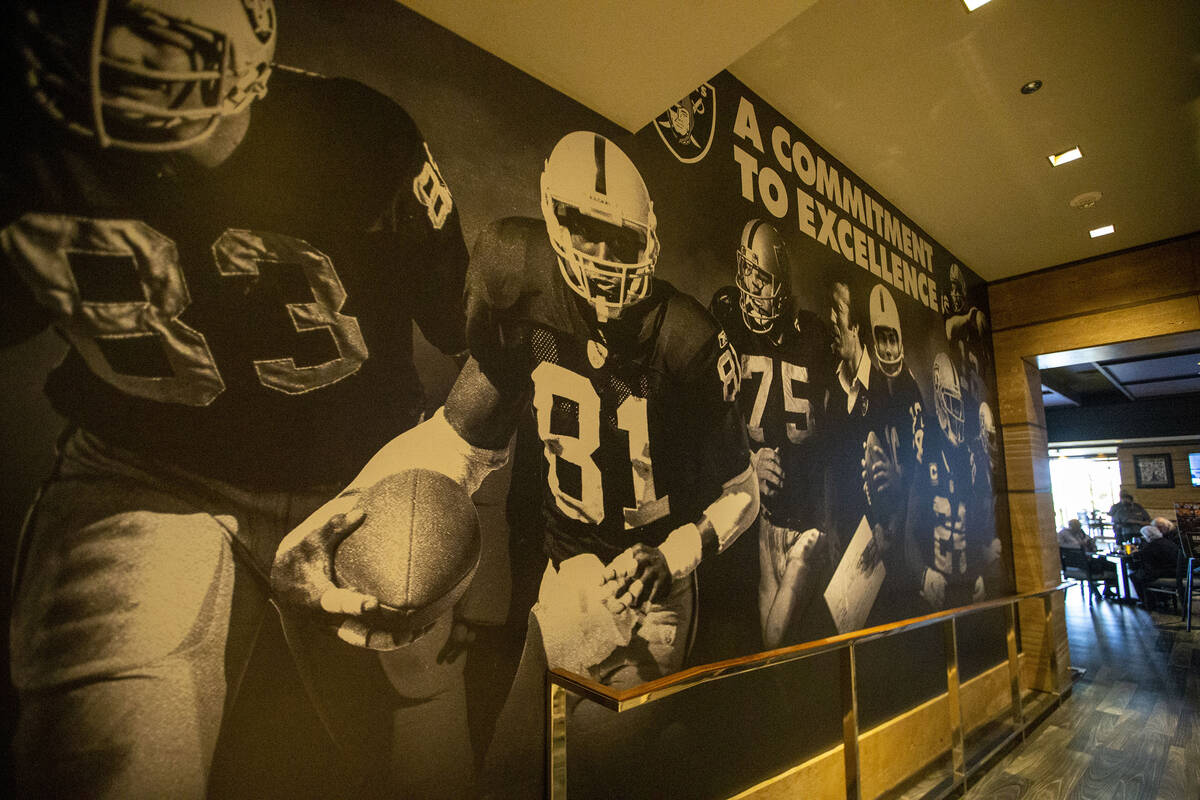 Signage inside the Raiders Tavern and Grill at M Resort on Wednesday, March 31, 2021, in Hender ...