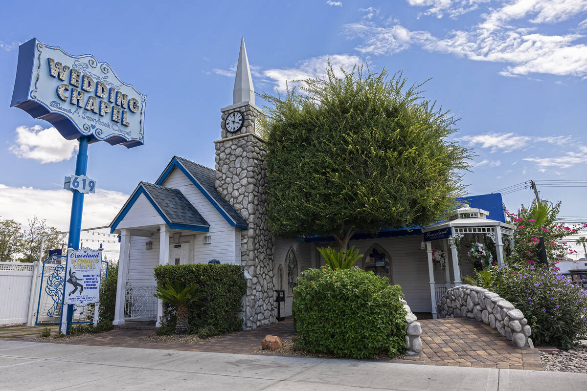 Graceland Wedding Chapel in downtown Las Vegas is shown on Tuesday, Aug. 26, 2025. (Benjamin Ha ...