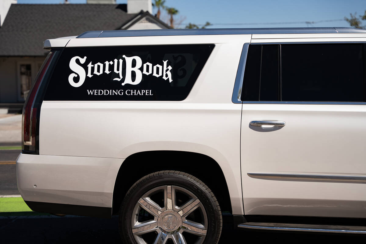 White SUV that couples can utilize at Storybook Wedding Chapel in Las Vegas Aug. 18, 2025. (Kar ...