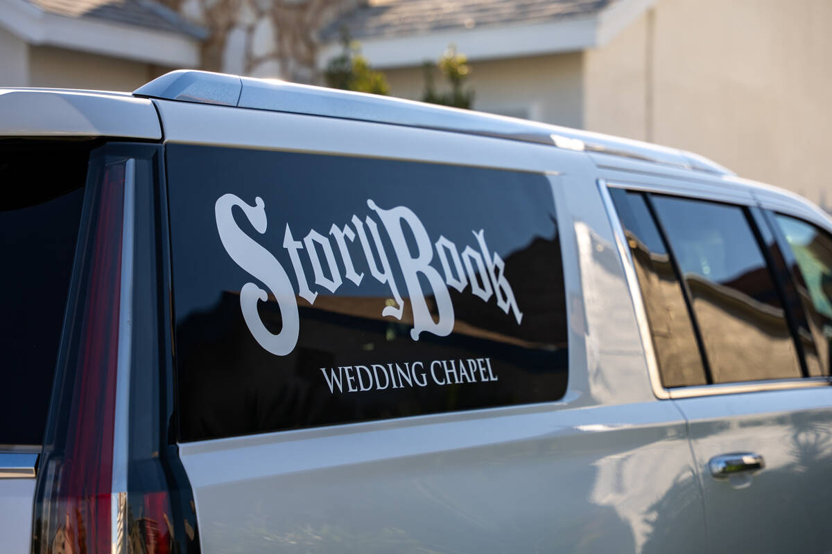 White SUV that couples can utilize at Storybook Wedding Chapel in Las Vegas Aug. 18, 2025. (Kar ...