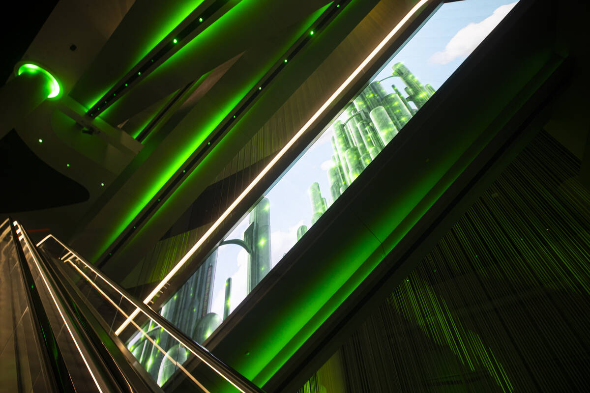 Escalators from the atrium are seen at Sphere for "The Wizard of Oz" experience on Th ...