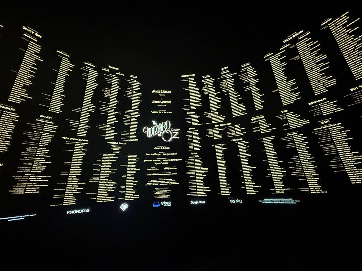 The credits for "Wizard of OZ at Sphere" are shown on Thursday, Aug. 28, 2025. (John Katsilomet ...