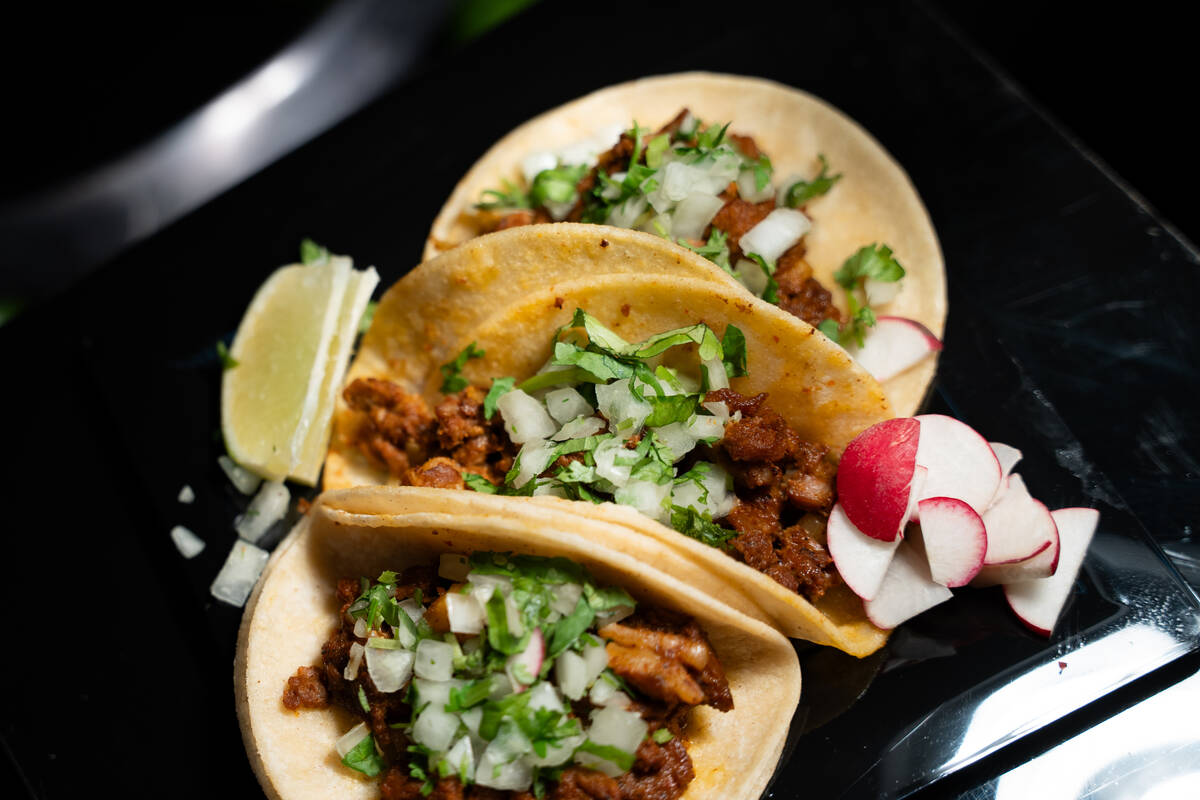 Al pastor tacos are seen as part of the new menu at Allegiant Stadium in Las Vegas Sept. 9, 202 ...