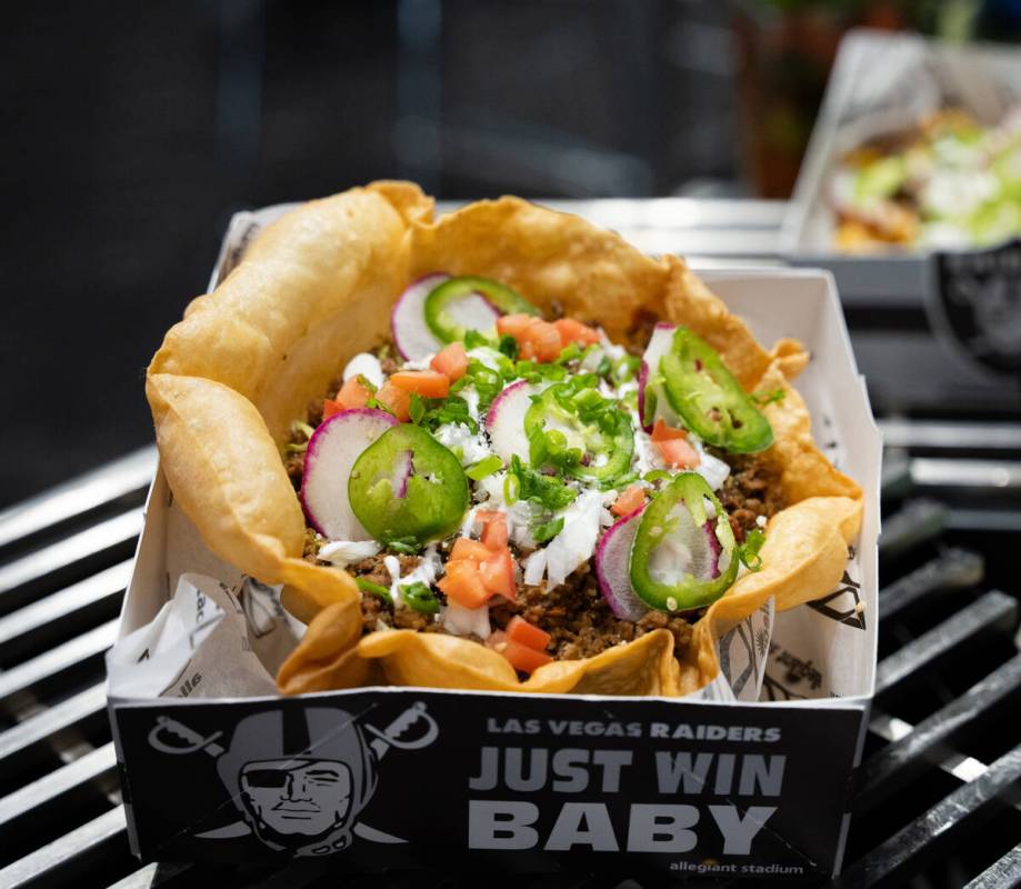 A taco salad being offered for the 2025 season at Allegiant Stadium is seen in Las Vegas Sept. ...