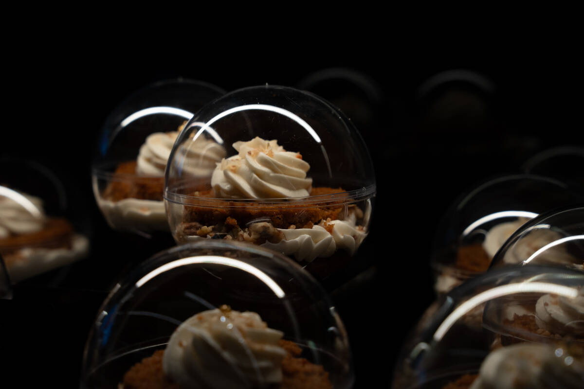 Carrot cake in globes are seen on the dessert cart at Allegiant Stadium in Las Vegas Sept. 9, 2 ...