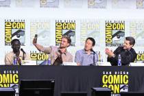 Tut Nyuot, Garrett Wareing, Roy Lee and J.T. Mollner speak during “The Long Walk” panel at ...