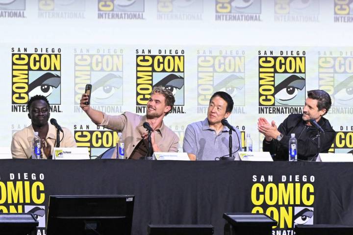 Tut Nyuot, Garrett Wareing, Roy Lee and J.T. Mollner speak during “The Long Walk” panel at ...