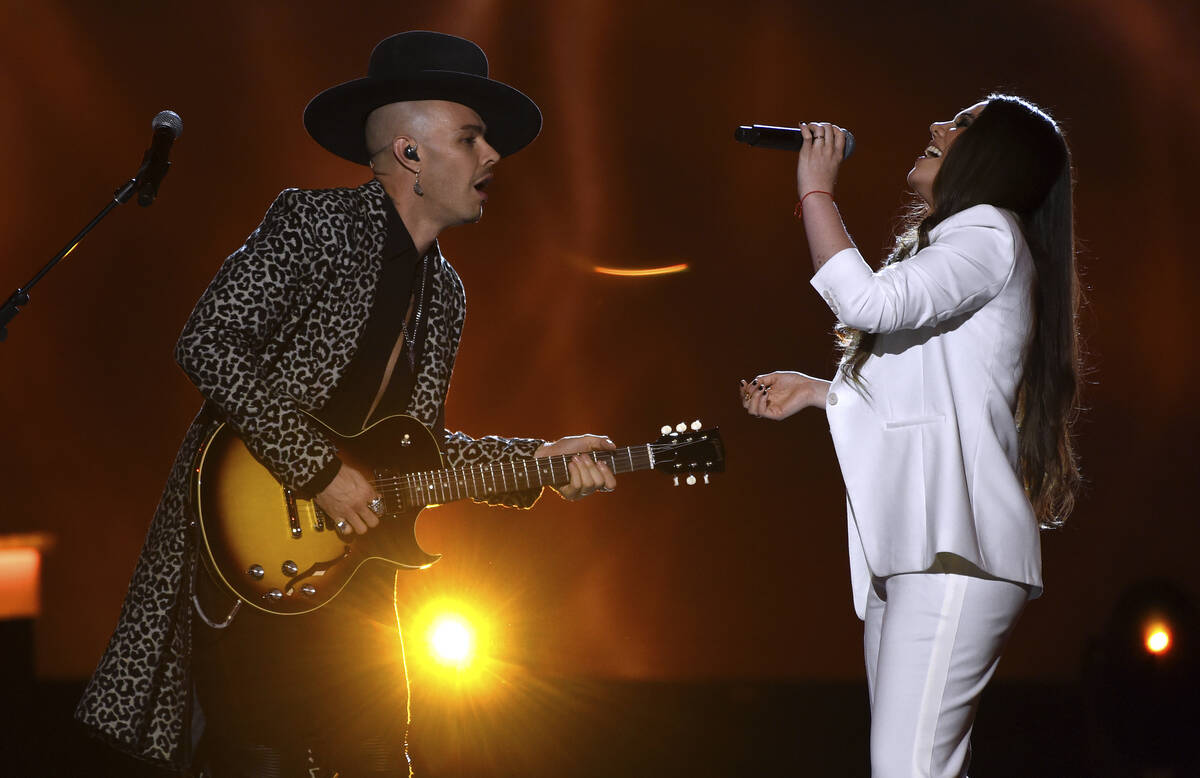 Jesse Huerta, left, and Joy Huerta, of Jesse & Joy, perform "Me Enamora" at the L ...