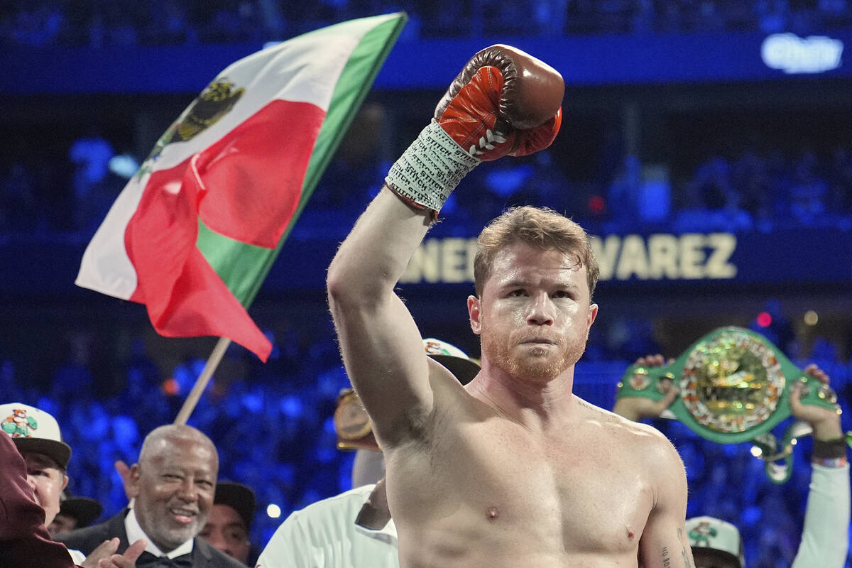 FILE - Canelo Alvarez reacts before fighting Edgar Berlanga in a super middleweight title bout ...