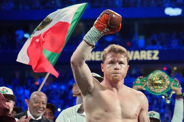 FILE - Canelo Alvarez reacts before fighting Edgar Berlanga in a super middleweight title bout ...