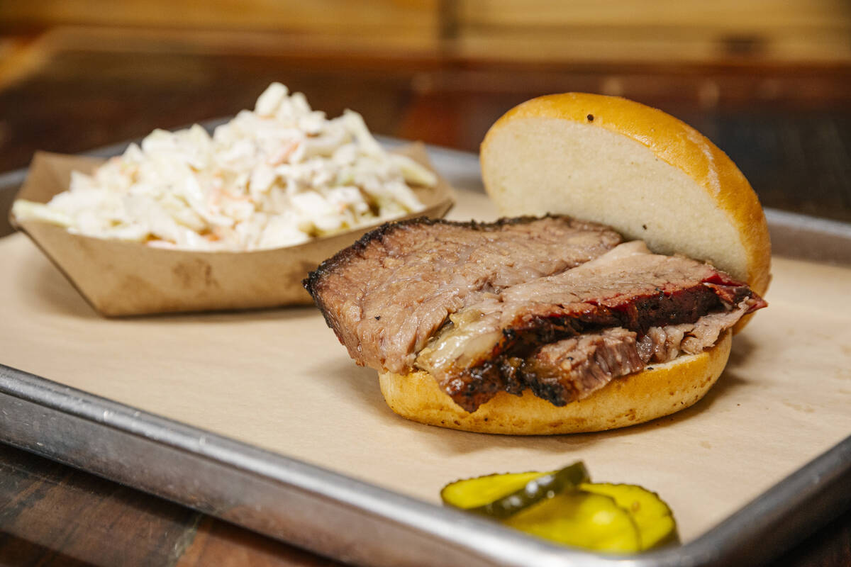 A brisket sandwich and a side of coleslaw from SoulBelly BBQ of Las Vegas. (SoulBelly BBQ)