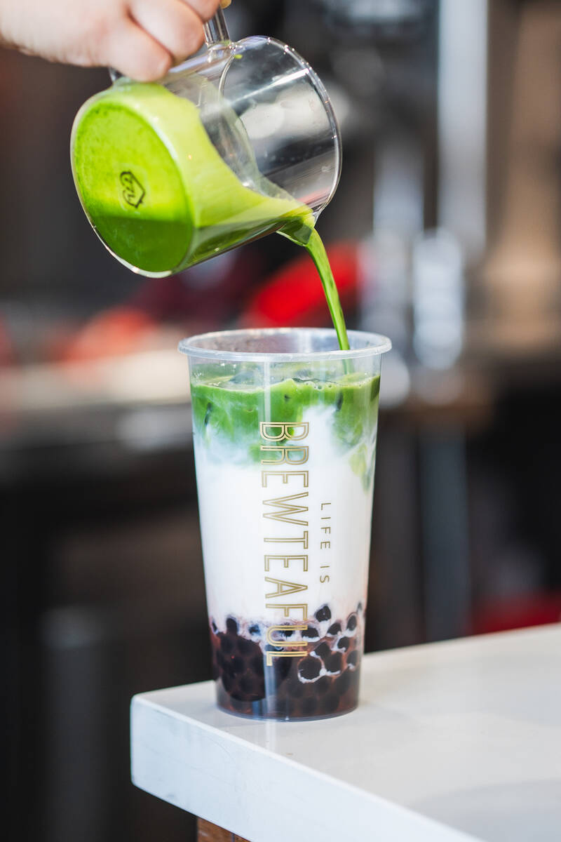 The Strawberry Matcha Milk Tea at Brew Tea features puree, milk and matcha. (Brew Tea)