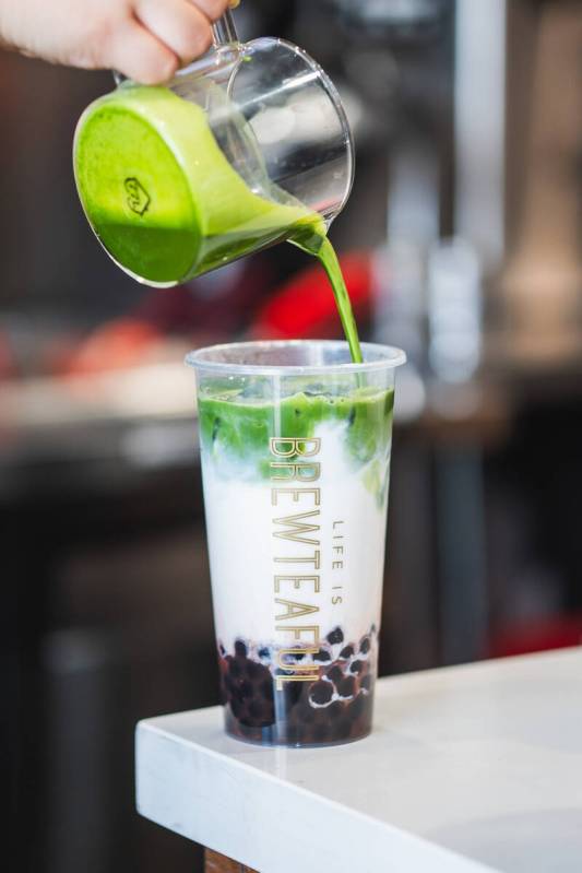 The Strawberry Matcha Milk Tea at Brew Tea features puree, milk and matcha. (Brew Tea)