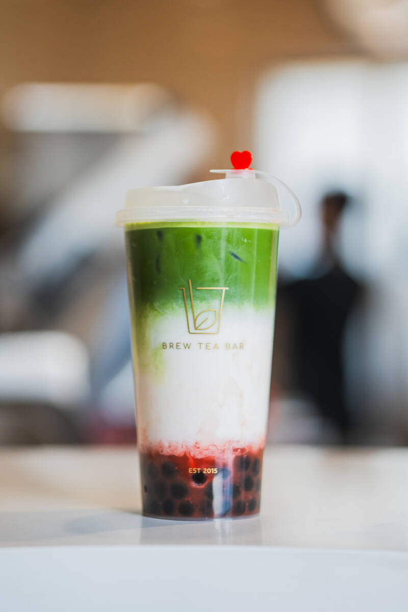 The Strawberry Matcha Milk Tea at Brew Tea features puree, milk and matcha. (Brew Tea)