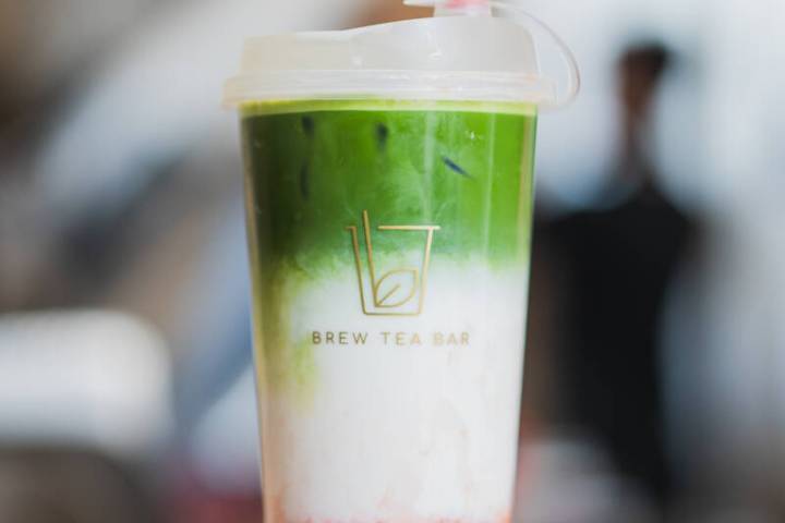 The Strawberry Matcha Milk Tea at Brew Tea features puree, milk and matcha. (Brew Tea)