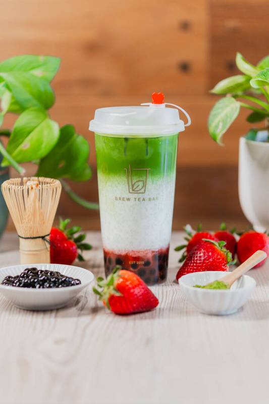 The Strawberry Matcha Milk Tea at Brew Tea features puree, milk and matcha. (Brew Tea)
