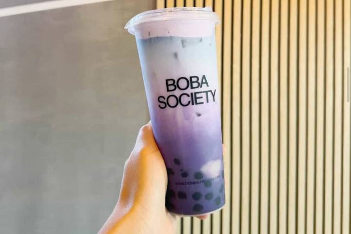 Taro Ocean is a taro latte with butterfly pea tea and milk, topped with ube taro foam. (Boba So ...