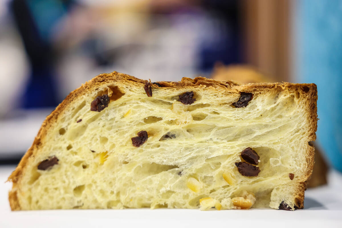 A freshly cut slice of panettone is displayed during the Panettone World Cup at the Internation ...