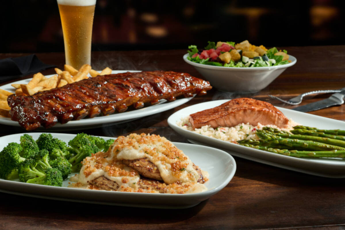 Front trio, clockwise from lower left: Parmesan-crusted chicken, baby back ribs and LongHorn Sa ...