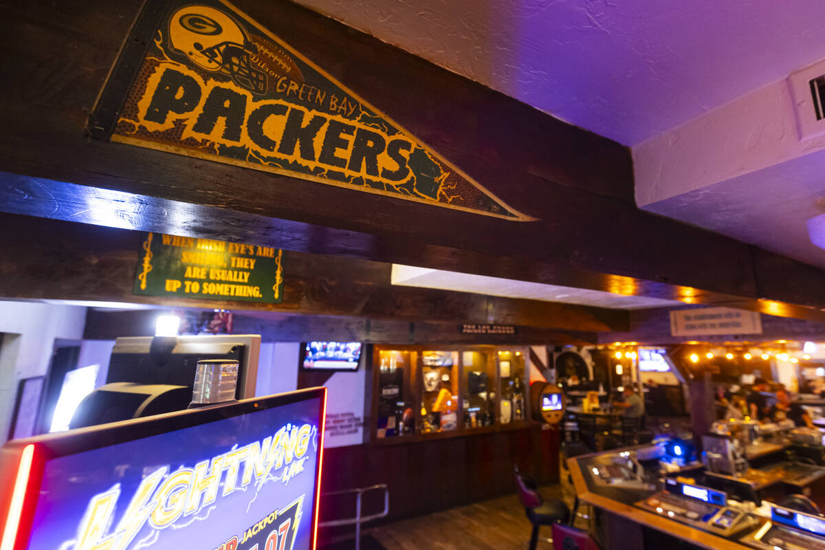A flag for the Green Bay Packers is seen at Big Dog’s Draft House, at 4543 N. Rancho Drive, o ...