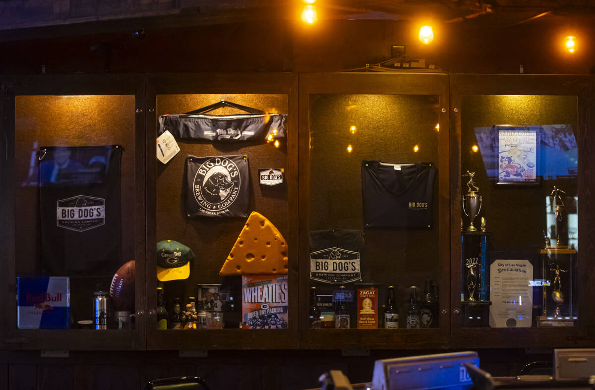 Green Bay Packers memorabilia is seen alongside Big Dog’s Brewing Company merchandise at Big ...