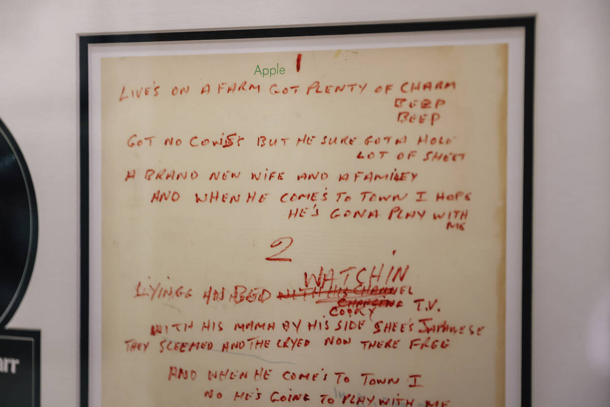 Lyrics to Ringo Starr’s “Early 1970” are framed at the Animazing Gallery i ...