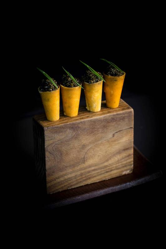 Caviar cones from Boa Steakhouse, which is opening in October 2025 in the Grand Canal Shoppes o ...