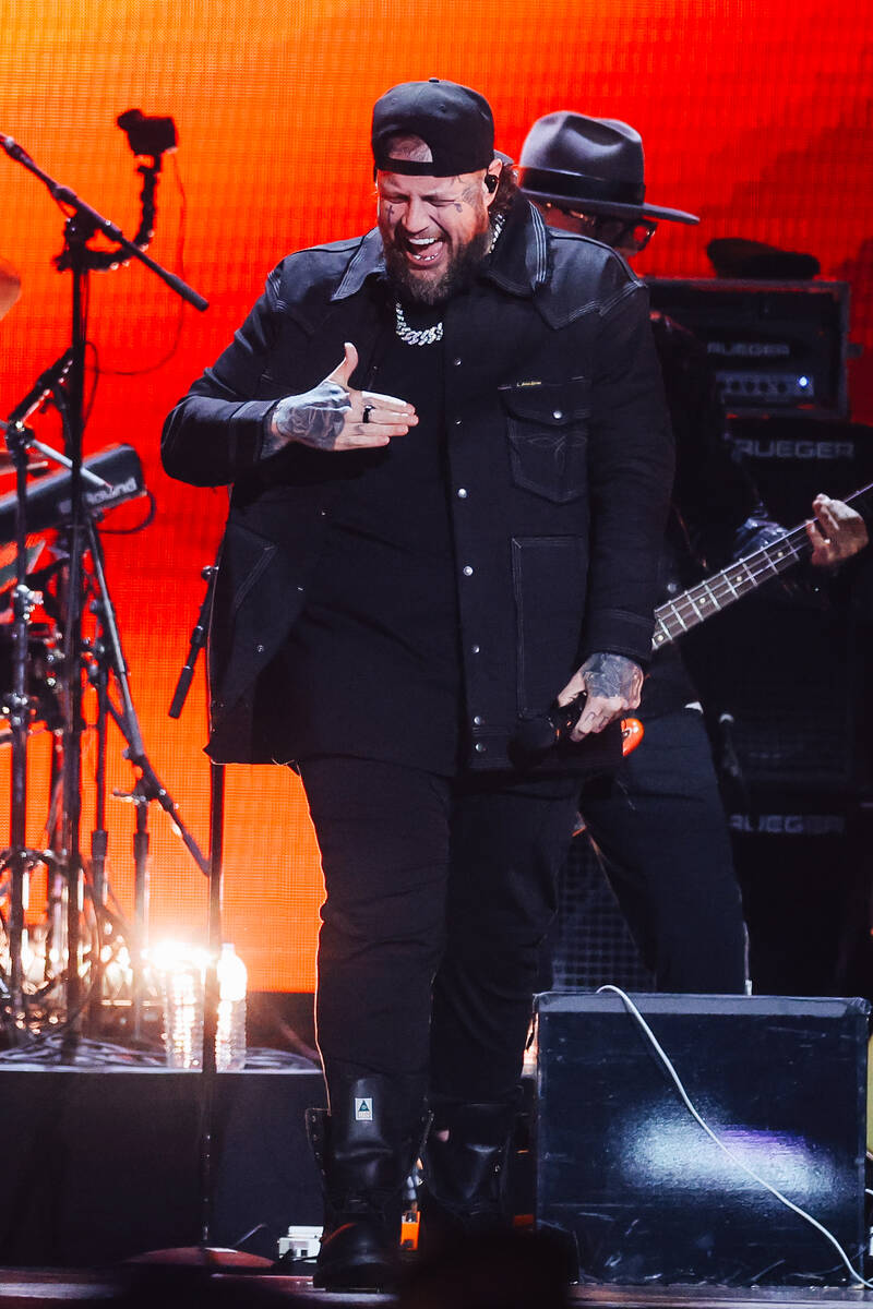 Jelly Roll performs during night one of the iHeartRadio Music Festival at T-Mobile Arena Friday ...