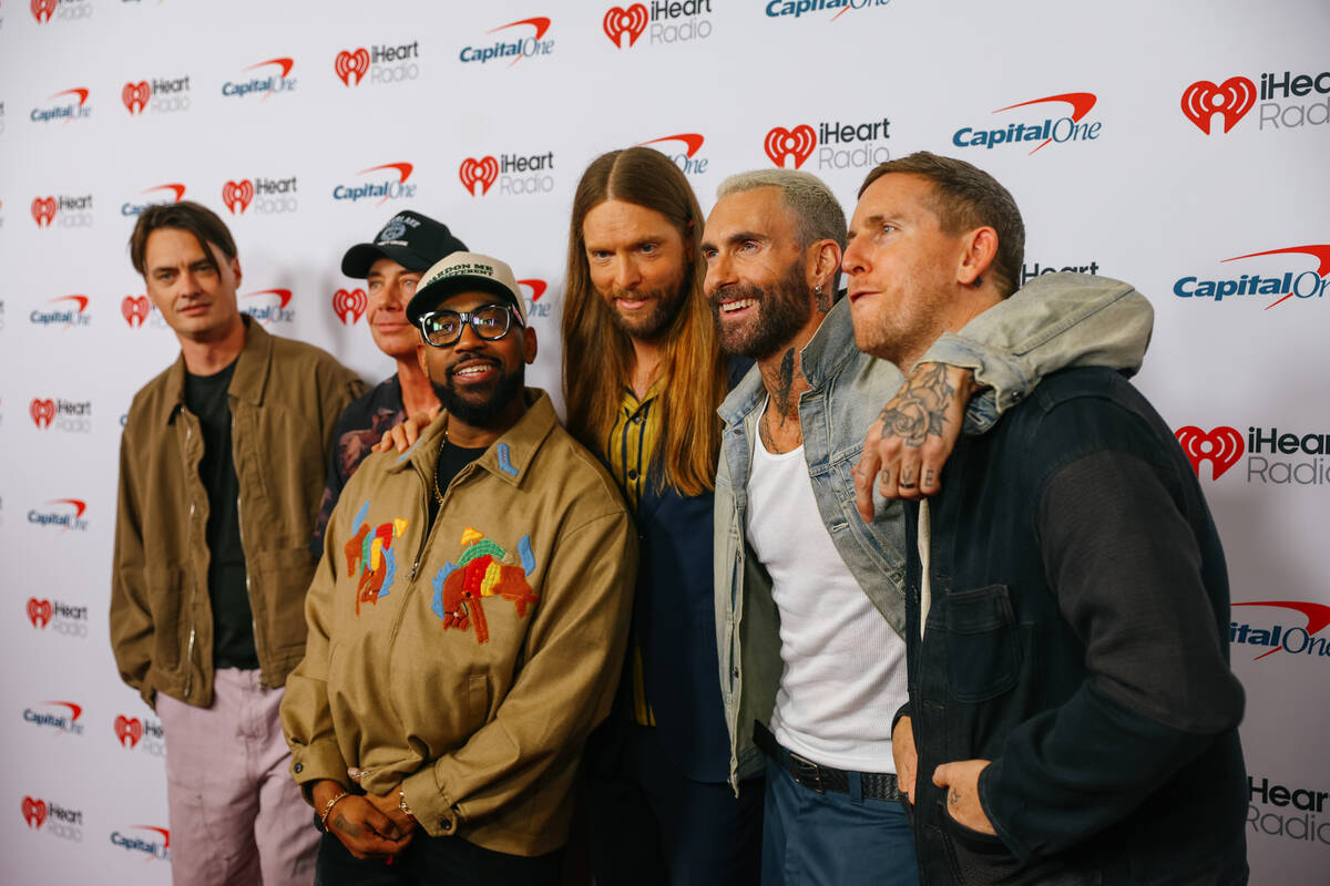 Maroon 5 on the red carpet of night one of the iHeartRadio Music Festival on Friday, Sept. 19, ...