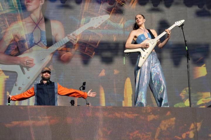 Tucker Halpern, left, and Sophie Hawley-Weld of Sofi Tukker perform at the 2025 BottleRock Napa ...