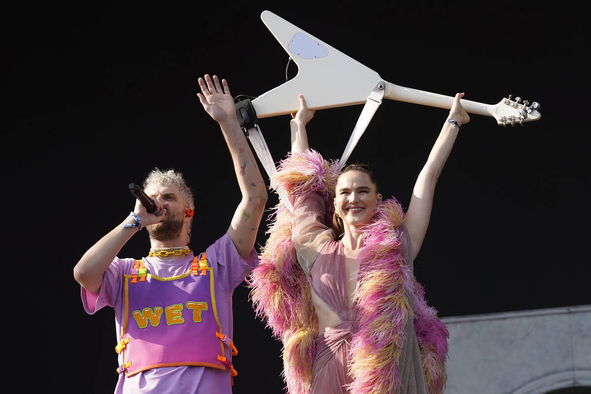 Tucker Halpern, left, and Sophie Hawley-Weld of SOFI TUKKER perform on day one of the Lollapalo ...