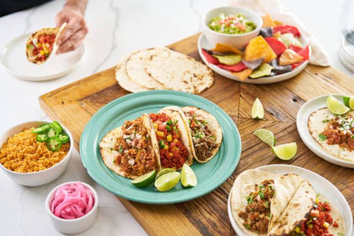 A spread of plant-based tacos from Tacotarian, the popular vegan taqueria with five locations i ...