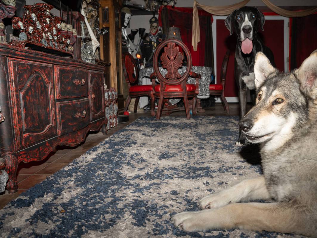 Jack the Ripper (front) and Grim Leaper sit in the living room of Skull Manor, a year-round Hal ...