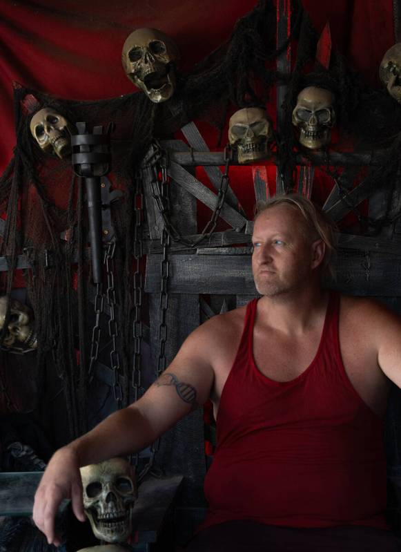 David “Fido” Parry sits on a skull-decorated throne at his home, known as Skull M ...