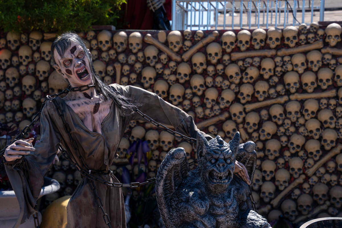 The front yard of Skull Manor, a year-round Halloween-themed house in Las Vegas Sept. 23, 2025. ...