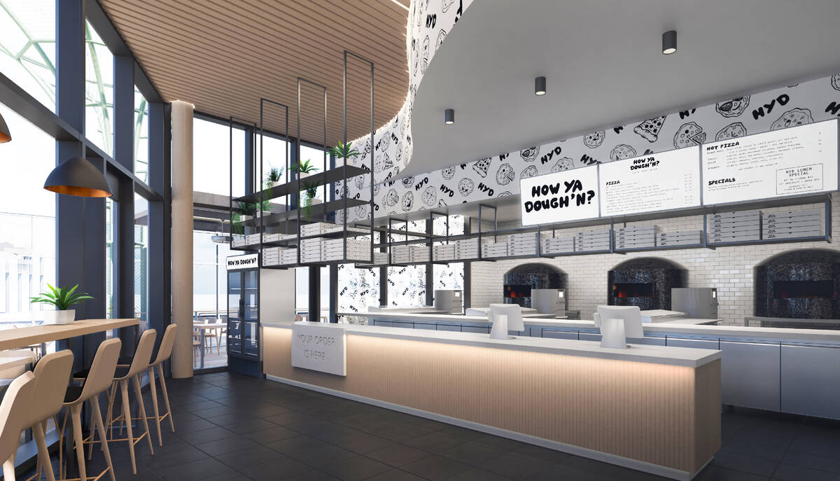 An interior rendering of How Ya Dough'n, a viral pizzeria set to open in November 2025 at the B ...