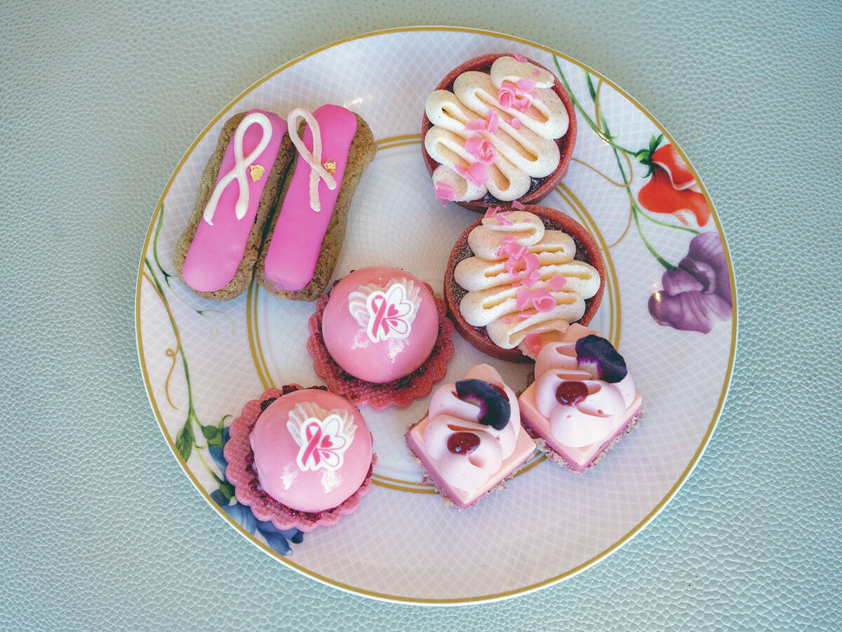 A blood orange cheesecake (upper left), pomegranate éclair (upper right), spice cake (bott ...