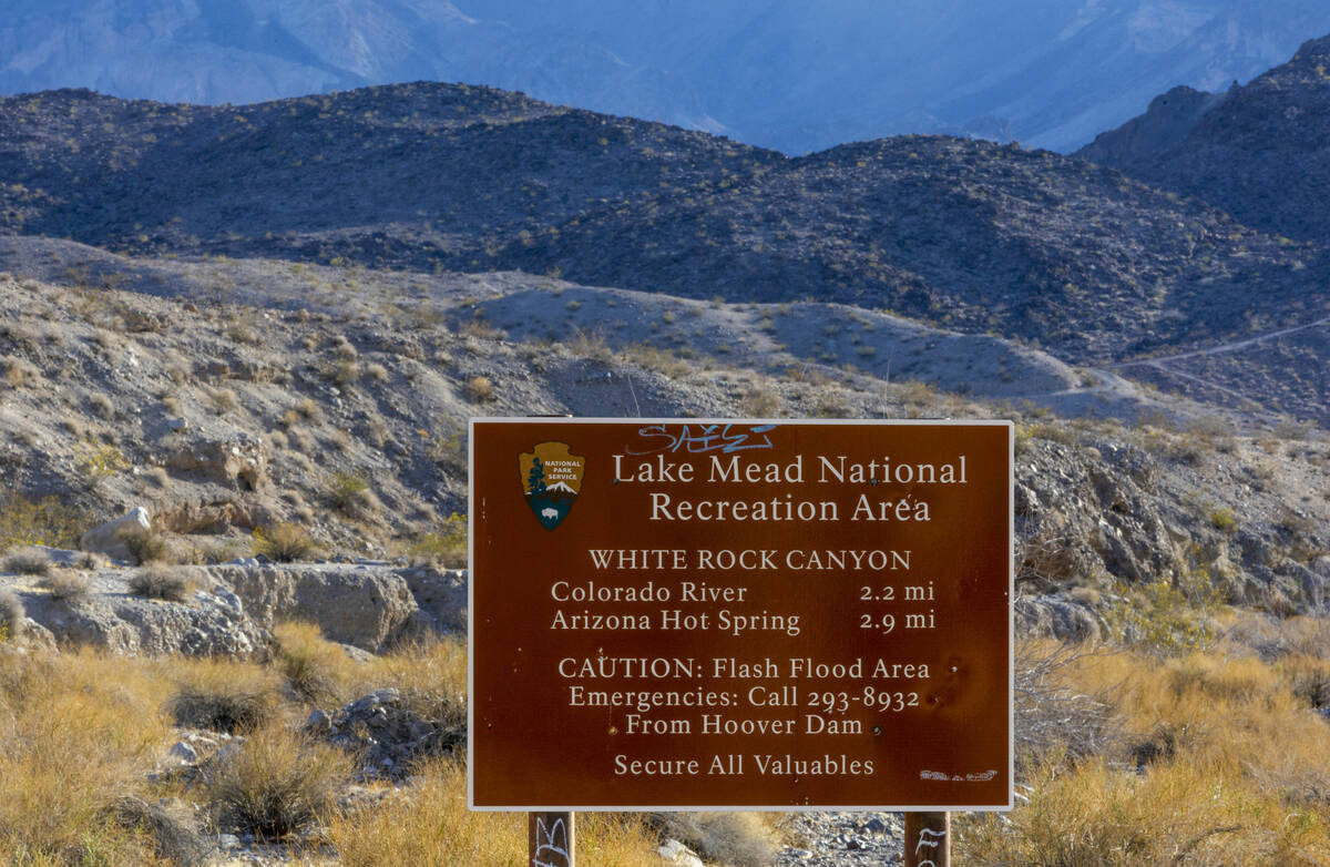 A Lake Mead National Recreation Area sign on April 10, 2025, east of Boulder City. (L.E. Baskow ...