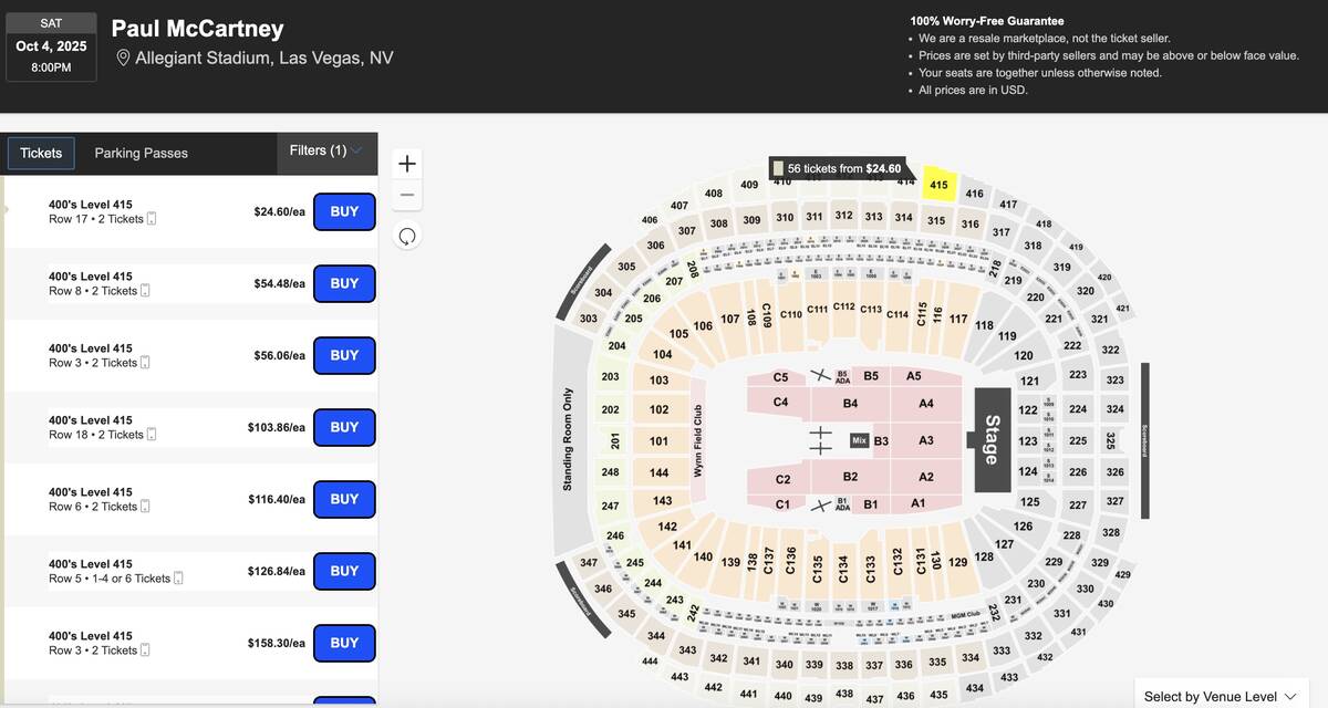 A seat map from StubHub.com shows discounted tickets for Paul McCartney's "Got Back" tour stop ...
