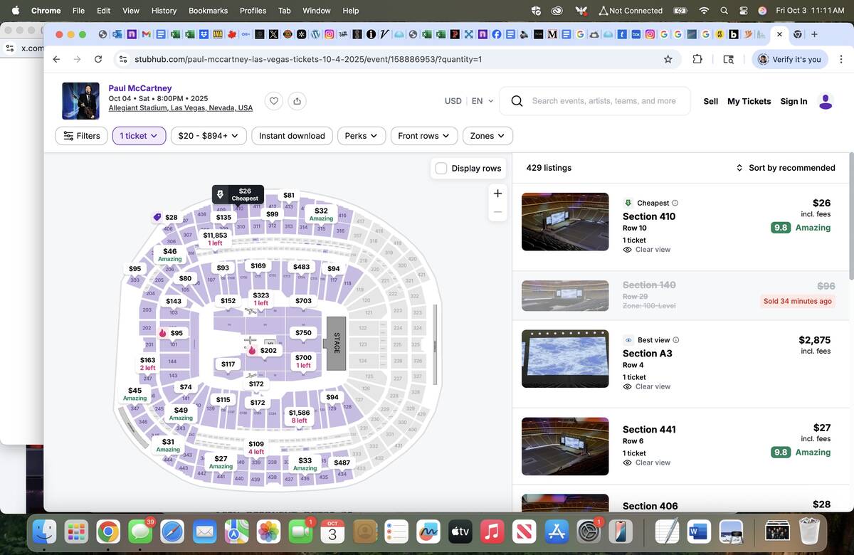 A seat map from LasVegasTickets.com shows discounted tickets for Paul McCartney's "Got Back" to ...