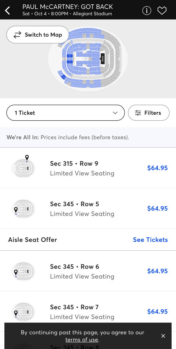 A seat map from Ticketmaster.com shows discounted tickets for Paul McCartney's "Got Back" tour ...