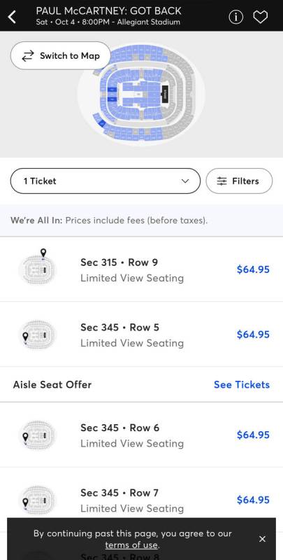 A seat map from Ticketmaster.com shows discounted tickets for Paul McCartney's "Got Back" tour ...