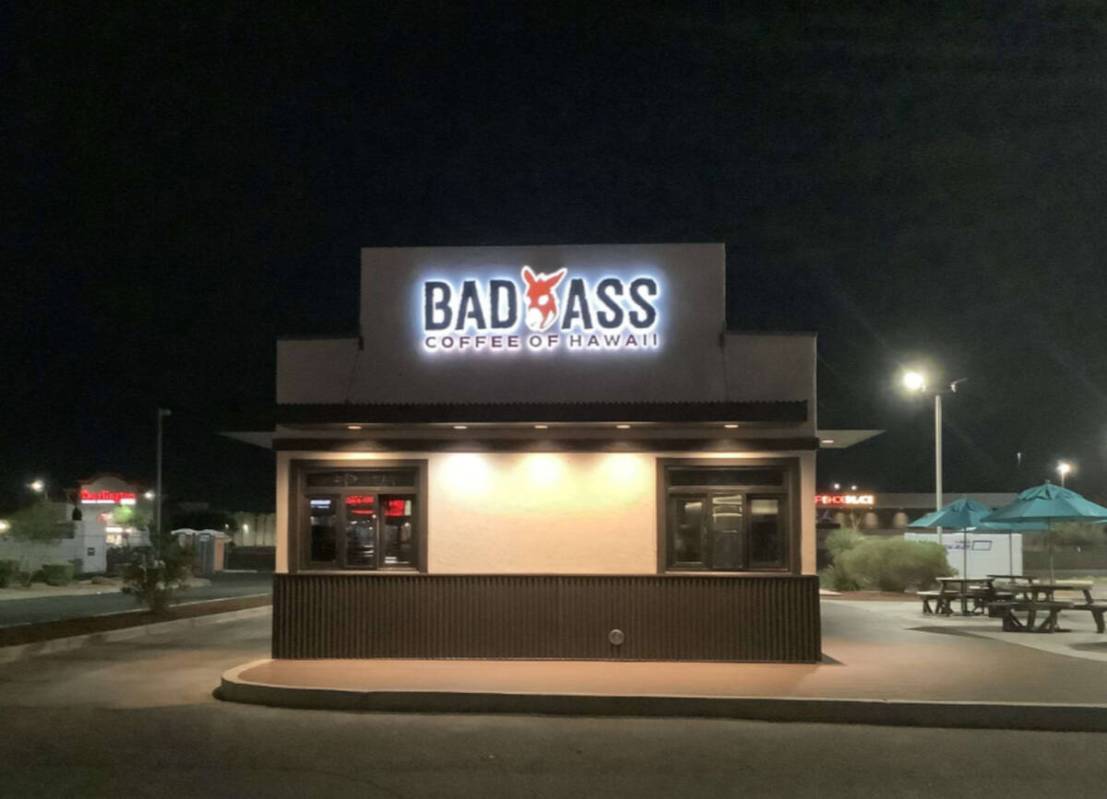 A nighttime view of the exterior of Bad Ass Coffee of Hawaii set to open in mid-October 2025 on ...