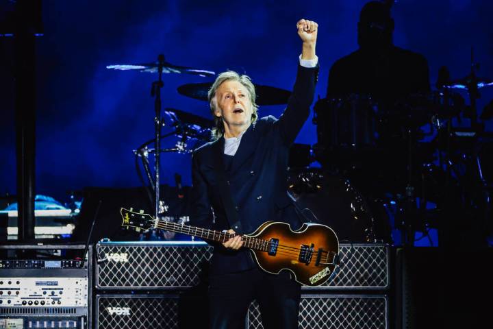 Paul McCartney performs during a stop on his Got Back tour at Allegiant Stadium Saturday, Oct. ...