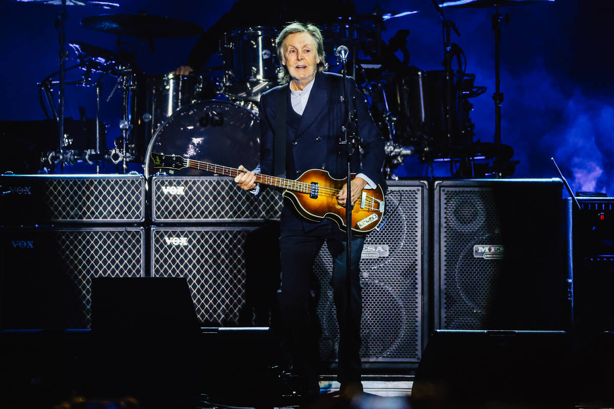 Paul McCartney performs during a stop on his Got Back tour at Allegiant Stadium Saturday, Oct. ...